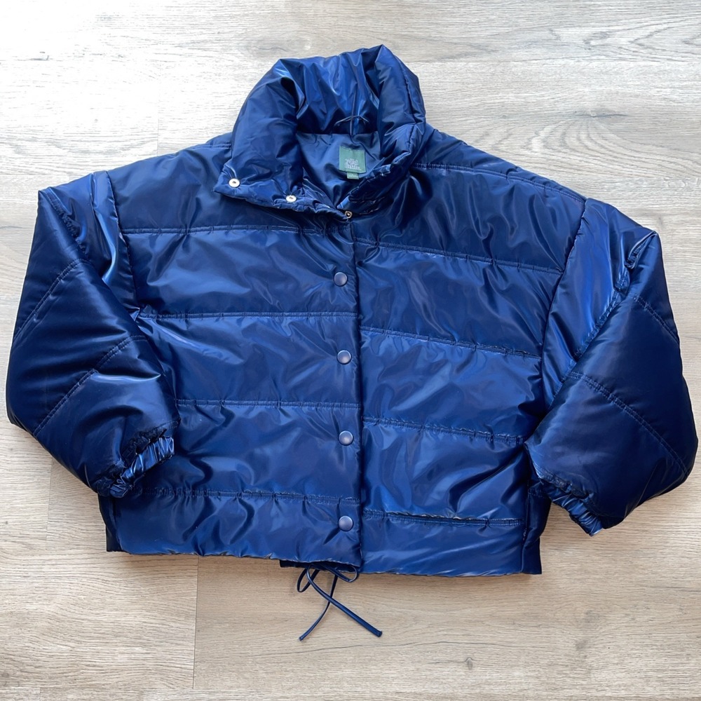 Wild Fable Navy Blue Iridescent Duvet Puffer Jacket Snap Front Crop Coat Size L